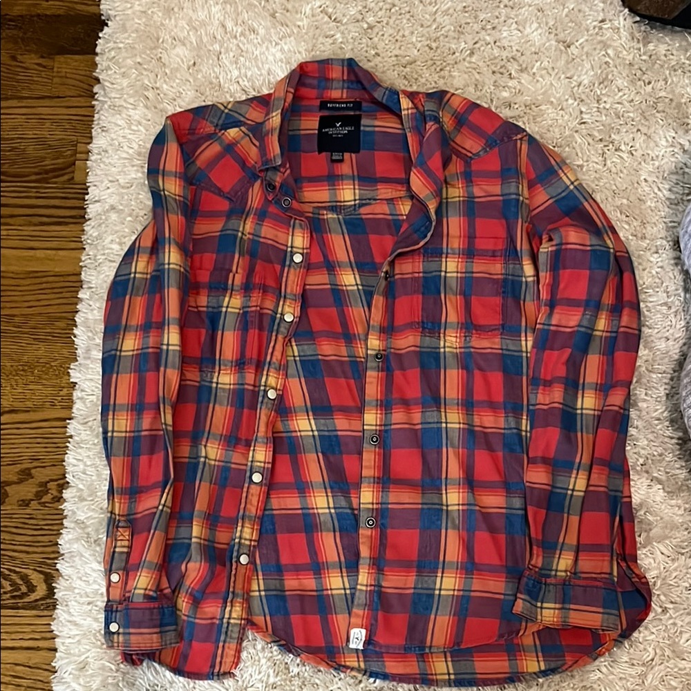American Eagle Outfitters Red and Blue Casual Button Down Shirt